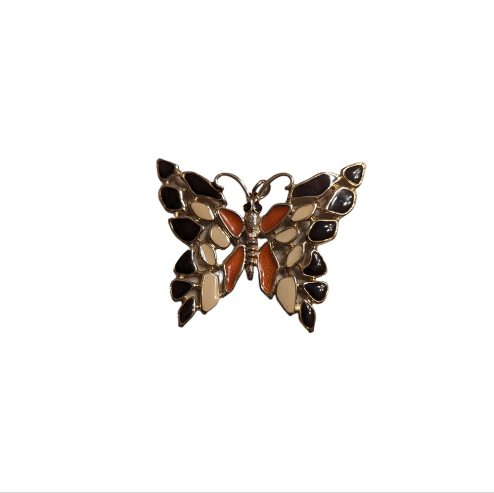Enameled Orange and Black Gold Tone Butterfly Statement Pendant for Necklace